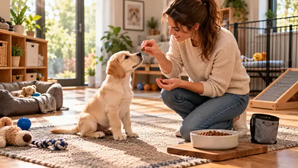 Playful young Labrador puppy practicing sitting and approaching its owner in a sunlit training room with colorful cones and soft flooring. The owner offers measured puppy kibble from a small bowl, with puppy food and a soft toy nearby.