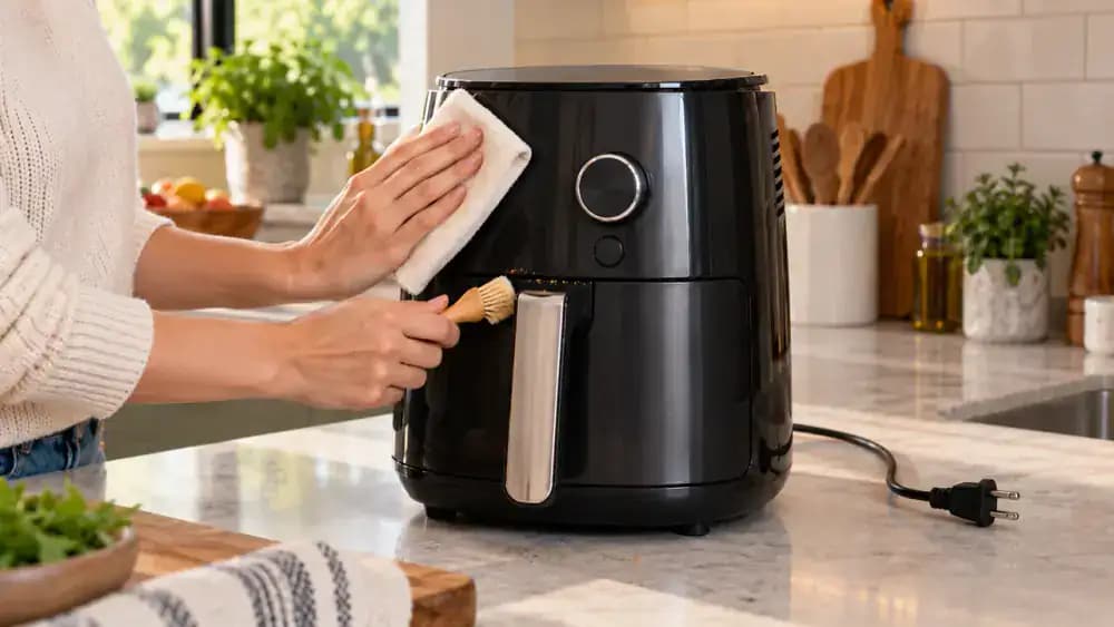Hand wiping fresh fingerprints from the solid housing of an unplugged, fully cooled appliance with a dry microfiber cloth while a soft dry brush removes crumbs from an exterior seam.