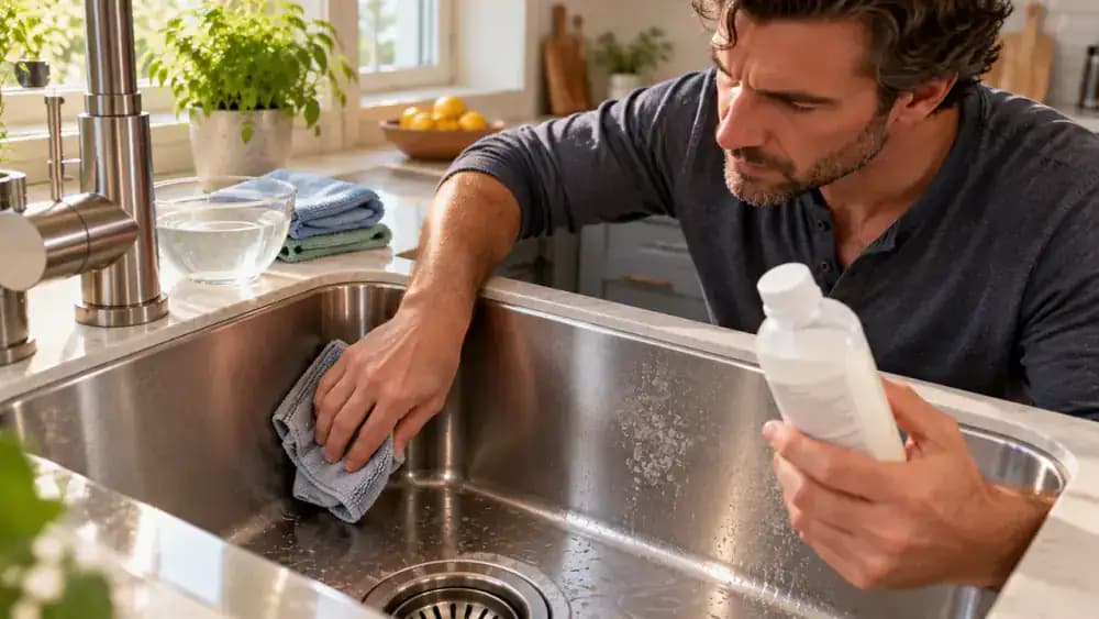 Close-up of a homeowner gently blotting a stubborn white hard water patch on a stainless steel kitchen sink with a dry microfiber cloth, then checking the mineral remover bottle for repeat-treatment instructions.