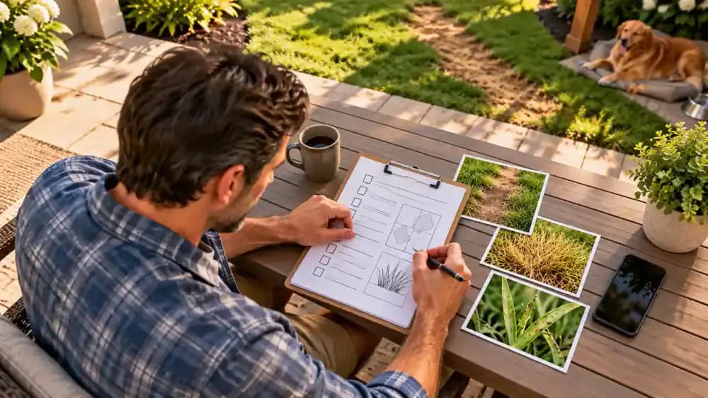 Homeowner completing a lawn inspection worksheet with notes on soil moisture, drainage, mowing, pet activity, and grass symptoms beside a phone showing lawn photos.