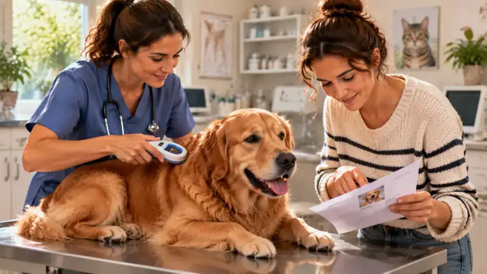 A veterinarian gently scans a calm dog during a wellness appointment while the owner compares the displayed microchip number with a printed record and a checklist for reviewing registration details.