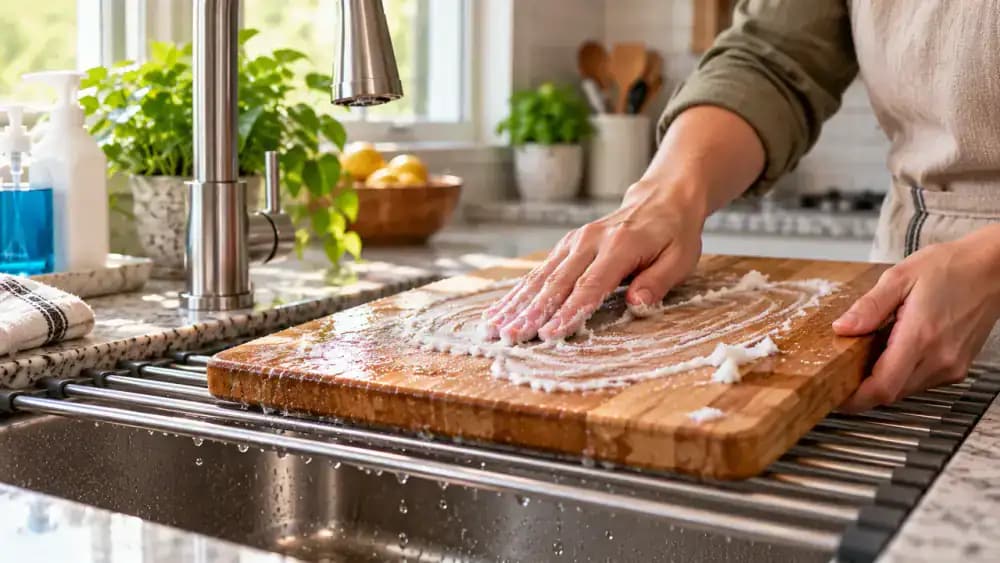 Hand sprinkling baking soda and brushing a damp wooden cutting board on a wire rack before giving it a brief faucet rinse