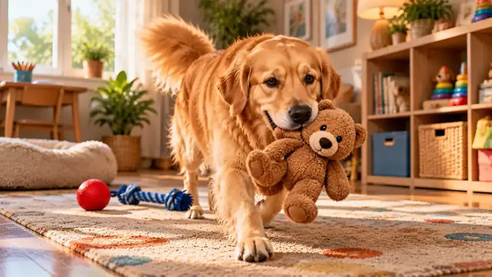 Golden retriever gently picking up a small brown plush bear as its owner rewards the response in a colorful playroom.