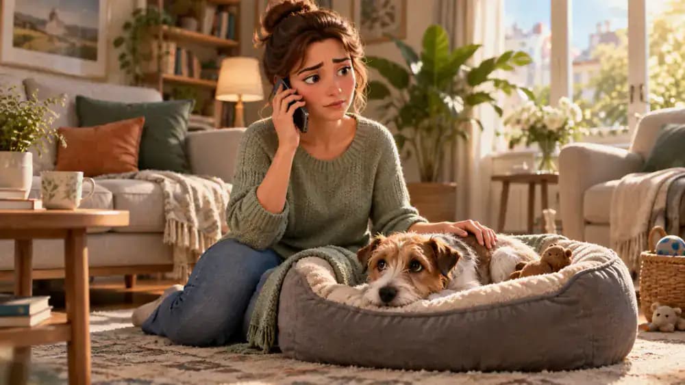 Owner discussing a nervous terrier's veterinary behavior by telephone while the dog rests in its familiar bed