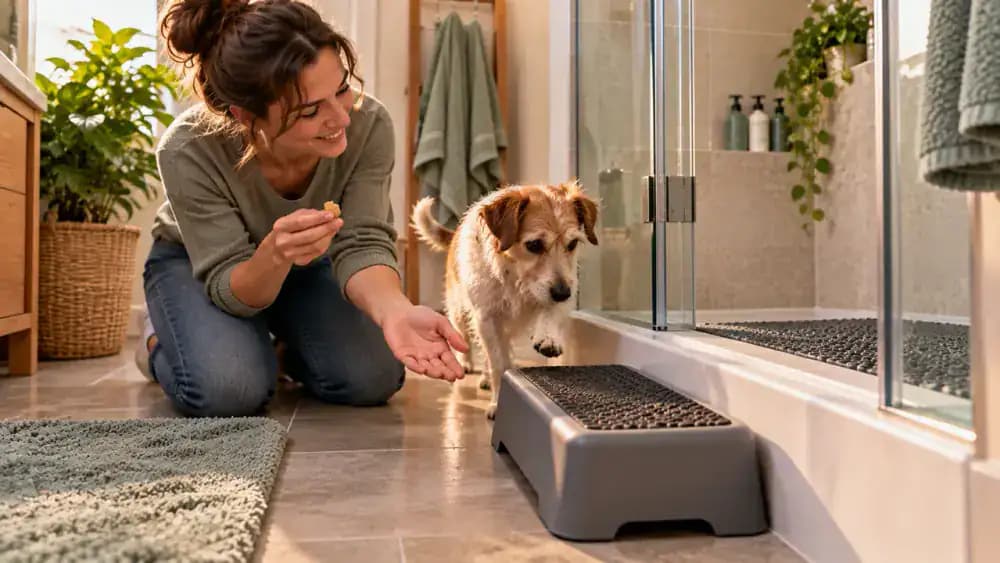 Small terrier approaching a low bath step while its owner kneels nearby and offers an open hand, with a dry shower stall ahead.