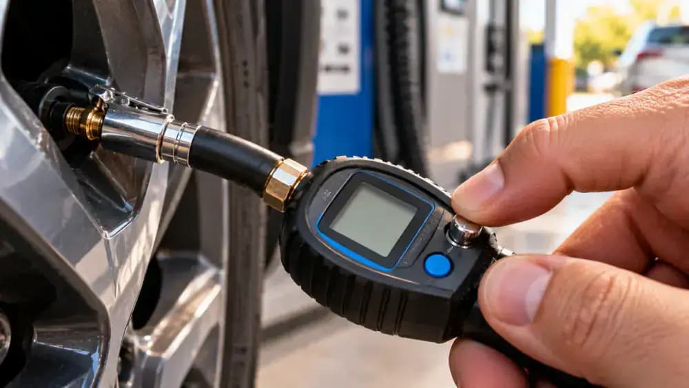 Close-up of a digital tire pressure gauge with a bleed button measuring a car tire, with illustrative panels showing 34 PSI, controlled air release, and a corrected reading of 32 PSI.