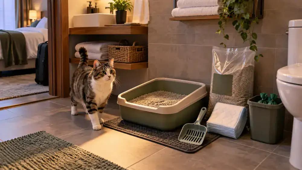 Compact cat litter tray with familiar litter and scoop arranged in a private hotel bathroom