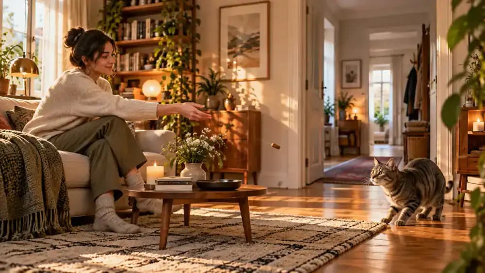 Seated male visitor gently tossing a small cat treat across a wooden living room floor toward an open hallway while a gray tabby watches from a comfortable distance.