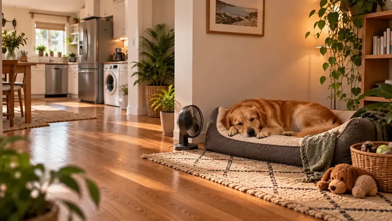 Dog resting with a small fan providing steady background sound away from loud appliances