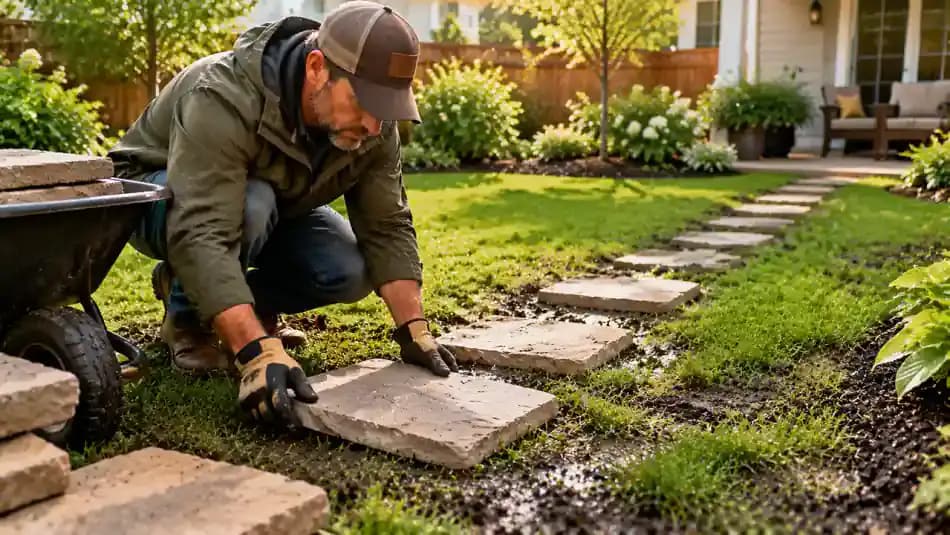 Homeowner carefully placing temporary stepping stones along a frequently used section of damp suburban lawn, creating a stable walking path without digging, disturbing standing water, or changing the yard's slope.