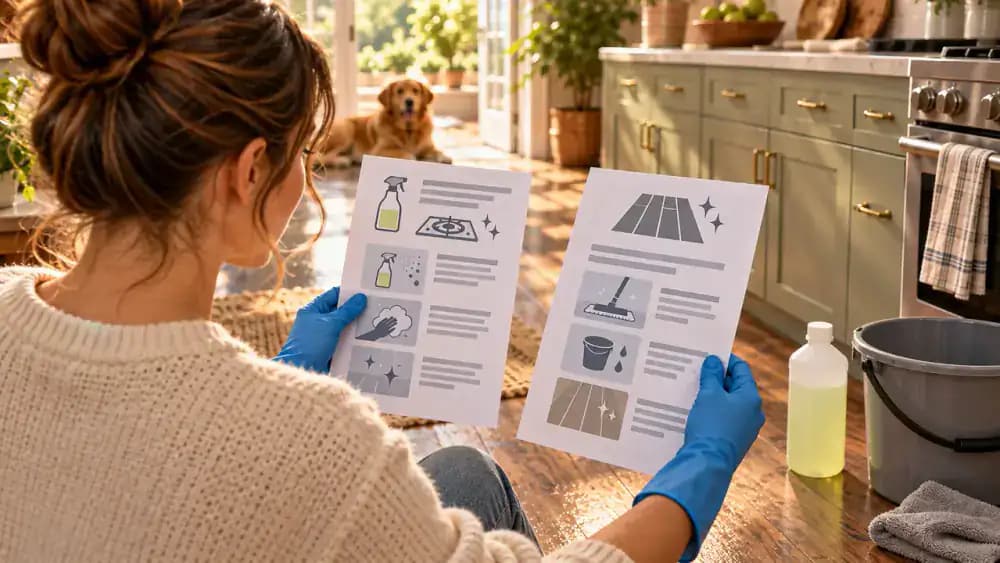 Person examining rinsing directions on a degreaser bottle beside printed vinyl plank flooring care instructions, with an empty rinse bucket on a protective mat, visible floor seams, and a wet-floor warning sign in a naturally lit kitchen.