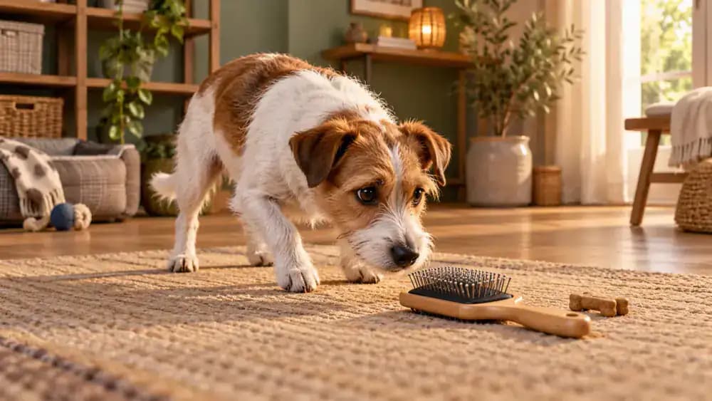 Small terrier cautiously sniffing a grooming brush on the floor while its seated owner offers a treat, followed by a gentle brush stroke along the dog's shoulder.