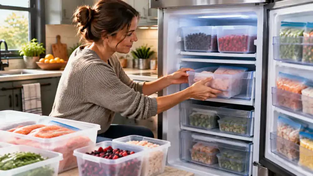 Homeowner organizing a clean freezer with storage bins and grouped packaged foods in separate sections