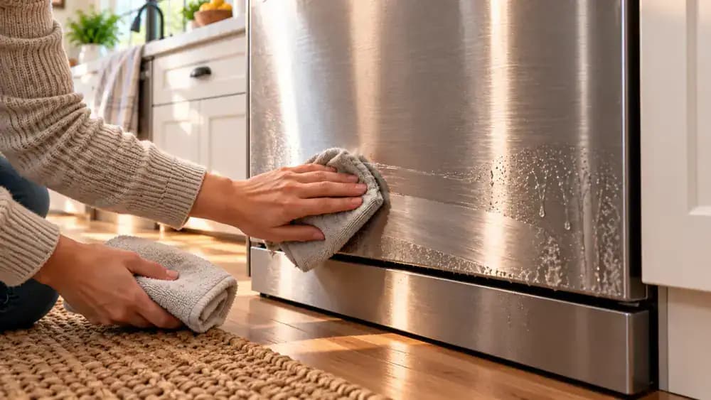 Close-up of a hand cleaning dried residue from the lower edge of a stainless steel dishwasher with a microfiber cloth above the toe kick.