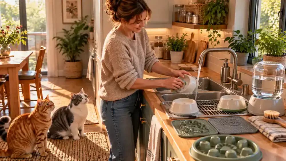 Owner washing ceramic cat bowls in a kitchen sink, wiping a silicone feeding mat, and refilling a stable water bowl in a clean feeding area.