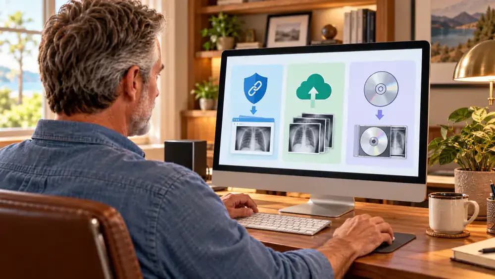 Patient reviewing fictional specialist instructions beside a computer displaying imaging access options for a secure link, electronic transfer, or disc pickup, then recording the preferred method on a reference card.