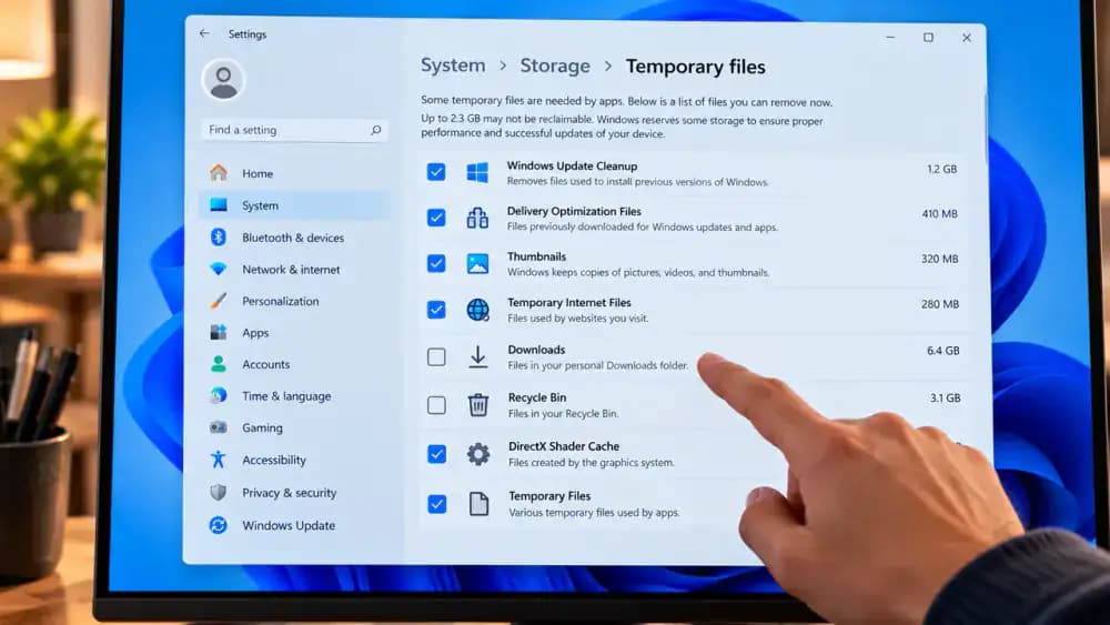Windows 11 Settings displaying System > Storage > Temporary files with cleanup categories, checkboxes, and file sizes, highlighting the Downloads category as a potential risk to personal files.