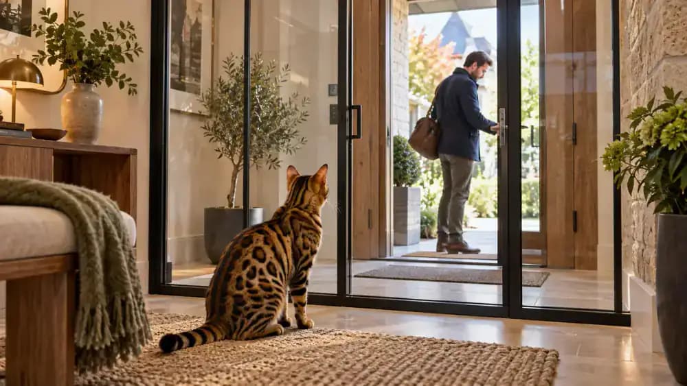 Bengal cat standing behind a closed glass interior vestibule door while its owner unlocks the exterior entrance, with two separate doors creating a secure buffer.