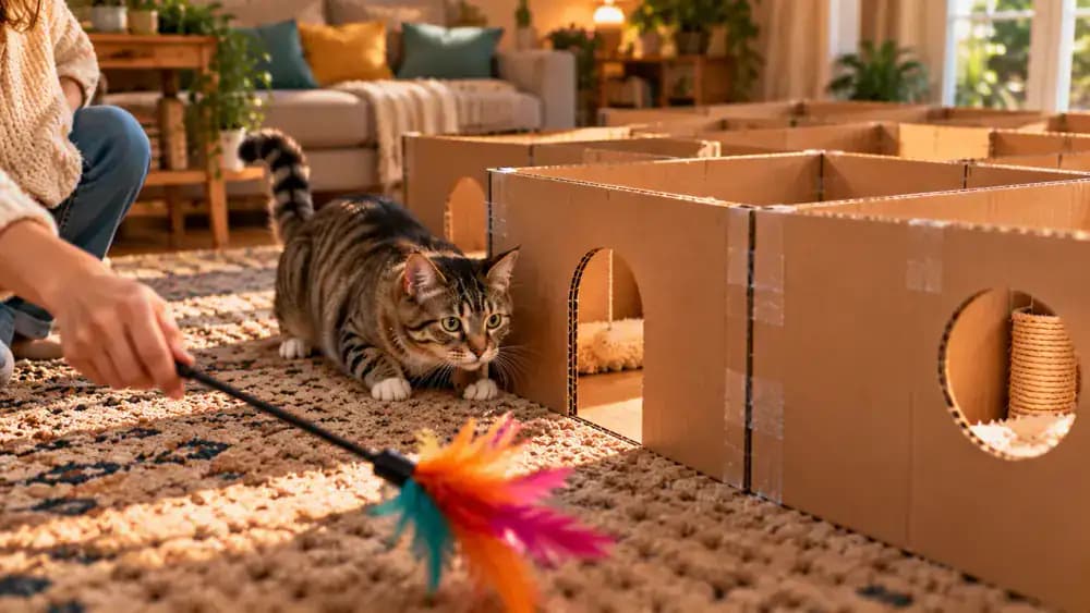 Tabby cat crouching inside a cardboard maze and watching a feather wand toy move past an entrance while its owner controls the wand and string, followed by a playful pounce.
