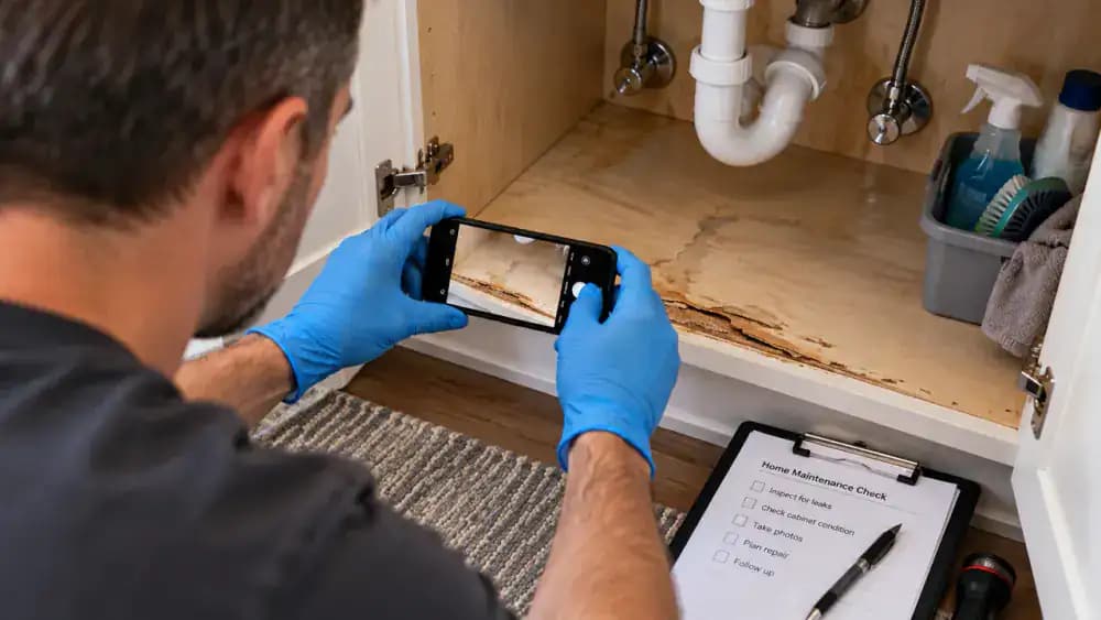 Person wearing blue protective gloves kneeling beside an empty under-sink kitchen cabinet, documenting a swollen particleboard floor and peeling laminate with an orange identification sticker, inspection checklist, pencil, and smartphone.