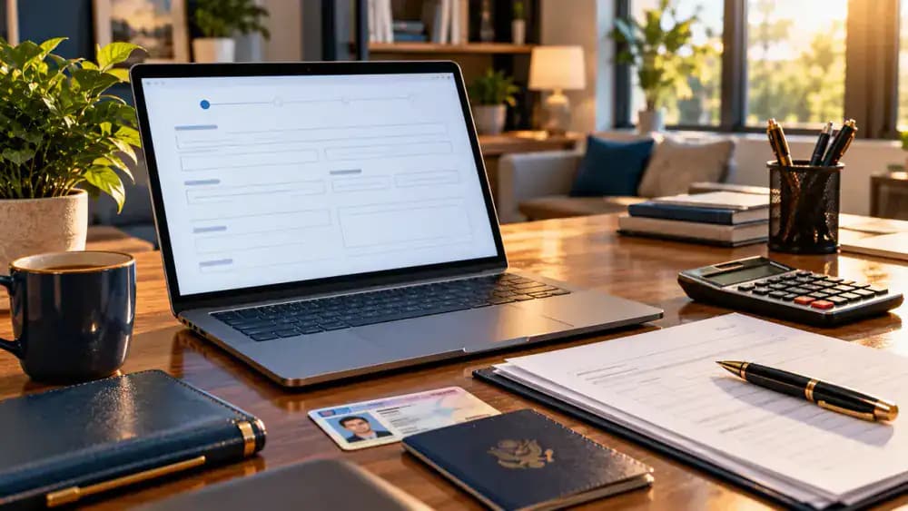 Home office desk with a laptop displaying a blank loan application and supporting identification documents.