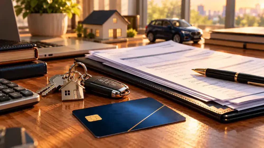 House keys, car keys, and loan documents beside a credit card representing future borrowing decisions.