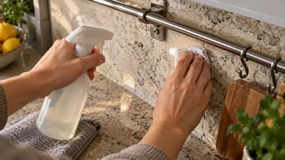 Hand testing a natural stone-approved cleaner on a concealed backsplash area behind a removable utensil rail using a fresh microfiber cloth.