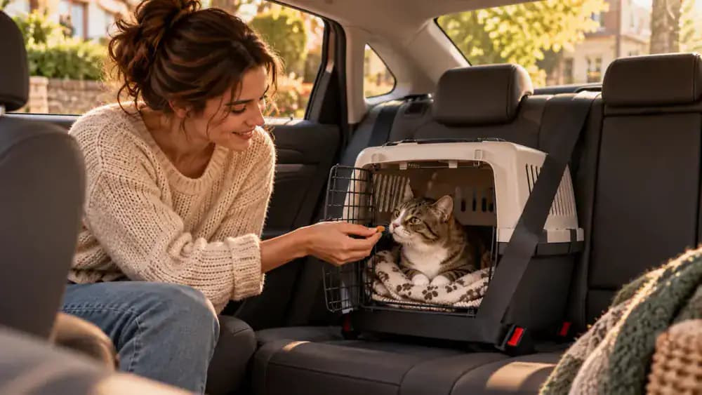 Cat in a secured carrier inside a parked car with the engine off