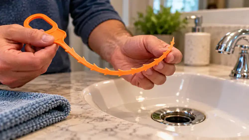 Close-up of a homeowner wearing protective gloves holding a flexible plastic drain-cleaning strip with small molded barbs and a rounded tip, checking its condition and comparing its width with a bathroom sink drain opening without inserting it.