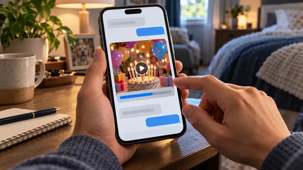 Adult reviewing a large birthday party video attachment on an iPhone, with family photo previews and an important PDF document visible and unselected in the conversation attachments list.