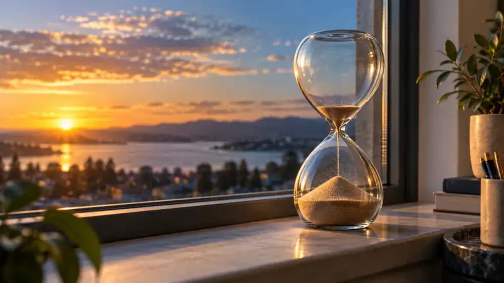 Setting sun and hourglass representing the expiration of a temporary insurance contract.