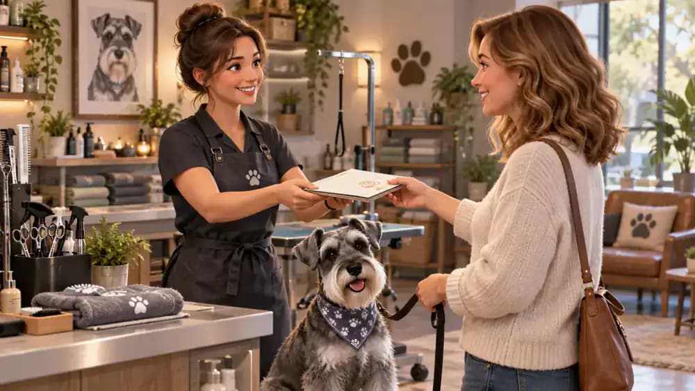 Miniature schnauzer at a grooming salon while its owner records a completed appointment from a receipt