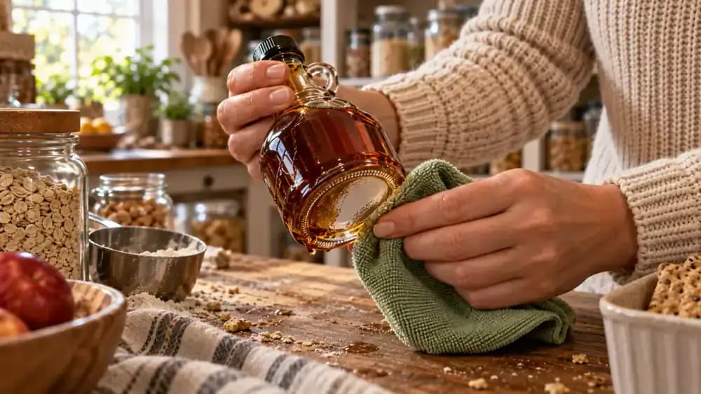 Close-up of hands cleaning sticky amber syrup residue from the bottom of a closed maple syrup bottle with a green microfiber cloth on a bright kitchen countertop, with an empty pantry shelf in the background.