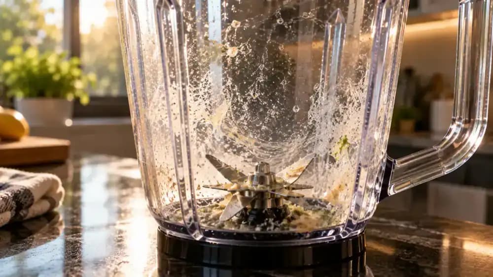 Close-up of a transparent blender jar on a black countertop being inspected with an external flashlight, revealing cloudy patches on the inner walls and food residue around the stationary blade hub and bottom seams.
