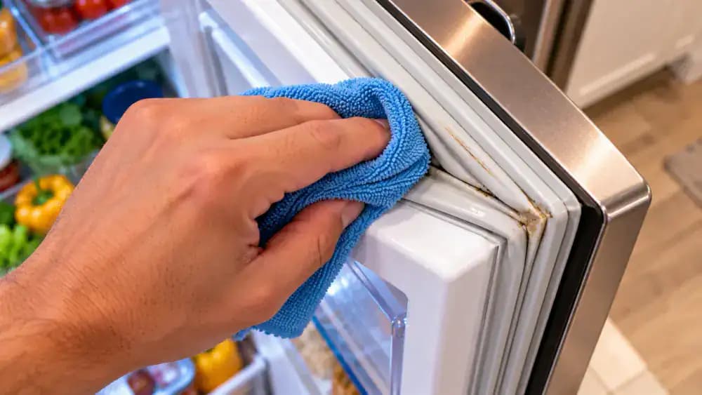 Overhead close-up of a hand using a lightly dampened microfiber cloth folded into a soft point to remove food residue from the curved lower corner of a gray refrigerator door gasket.