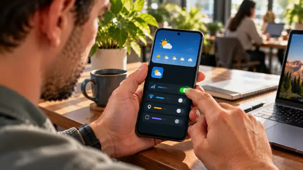 Android smartphone on a tabletop stand in a coworking space showing Settings, Apps, and the Weather app information screen with App battery usage and background activity controls visible but unchanged.