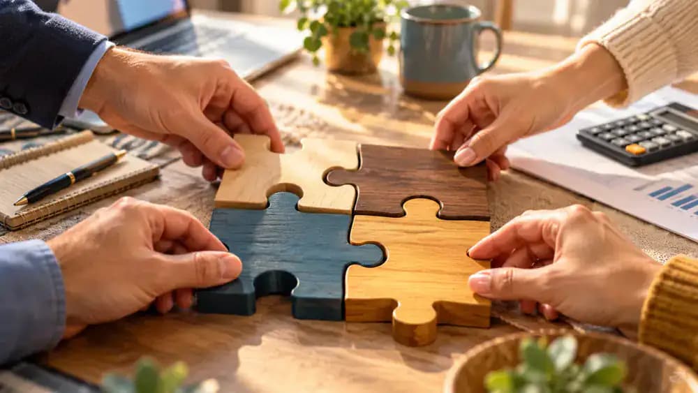 Four interlocking wooden puzzle pieces representing complementary financial protection tools.