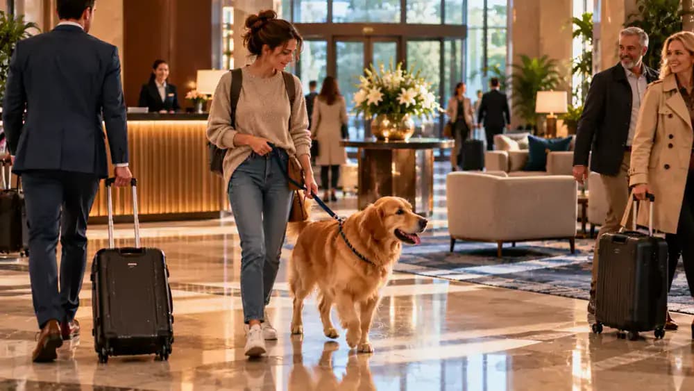 Traveler reviewing a pet policy sign in an elegant hotel lobby, guiding a leashed golden retriever through an approved walkway, giving another guest space, and transporting a tabby cat in a closed carrier.