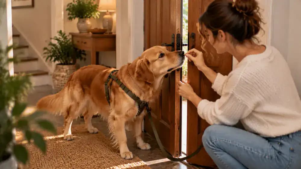 A dog leans toward a partly opened interior doorway as its owner calmly reduces the opening, steps back, and rewards the dog for waiting successfully.