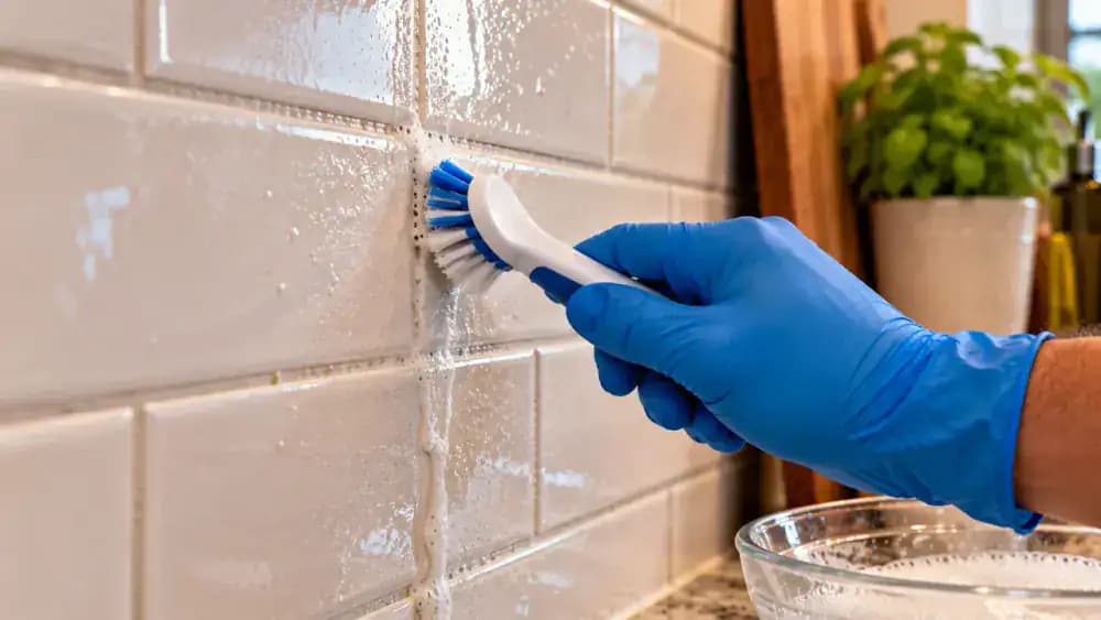 Close-up of a blue-gloved hand using a narrow-tip applicator to apply a thin line of non-acidic grout cleaner along a dark, greasy vertical grout joint between cream ceramic kitchen backsplash tiles, avoiding nearby silicone caulk.