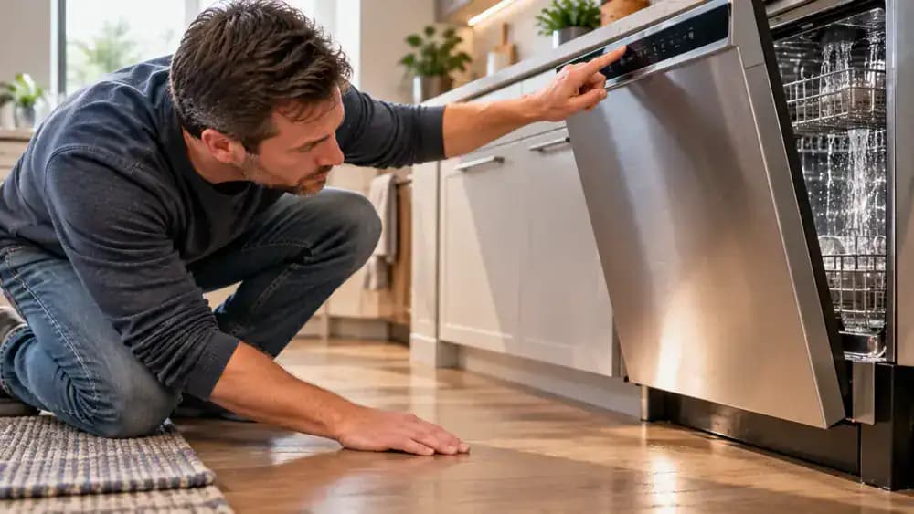 Adult starting an empty dishwasher rinse cycle and checking the base for leaks after reinstalling the filter and lower rack.