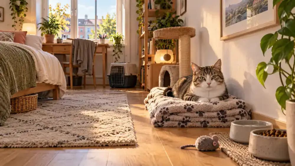 Cat resting on an open bed against the wall of a starter room