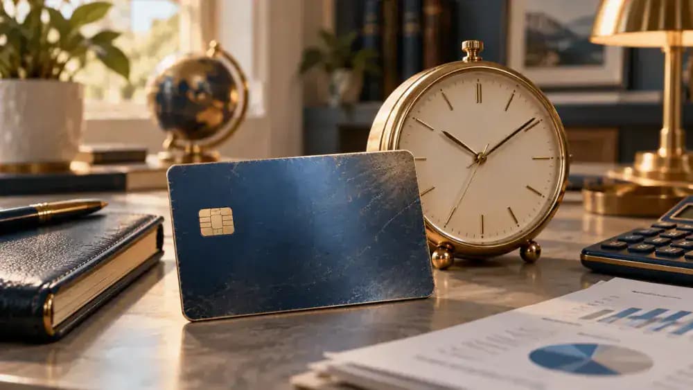 A gently aged credit card beside an elegant analog clock, representing the passage of time and established payment history.