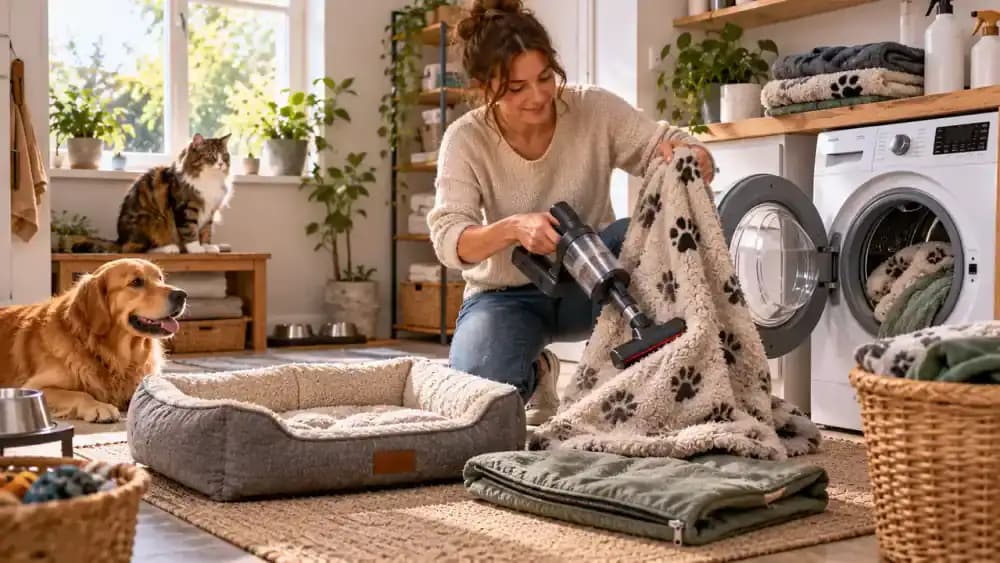 Pet blankets being vacuumed before loading into a washing machine