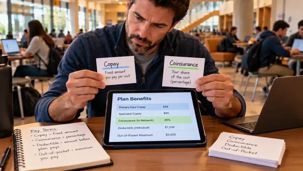 Adult at a university student union table comparing a fictional health plan benefits summary on a tablet with two index cards labeled Copay - Fixed amount and Coinsurance - Percentage, beside a sample Explanation of Benefits.