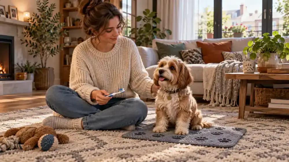Owner sitting sideways beside a small dog on a nonslip living room mat with a toothbrush held low