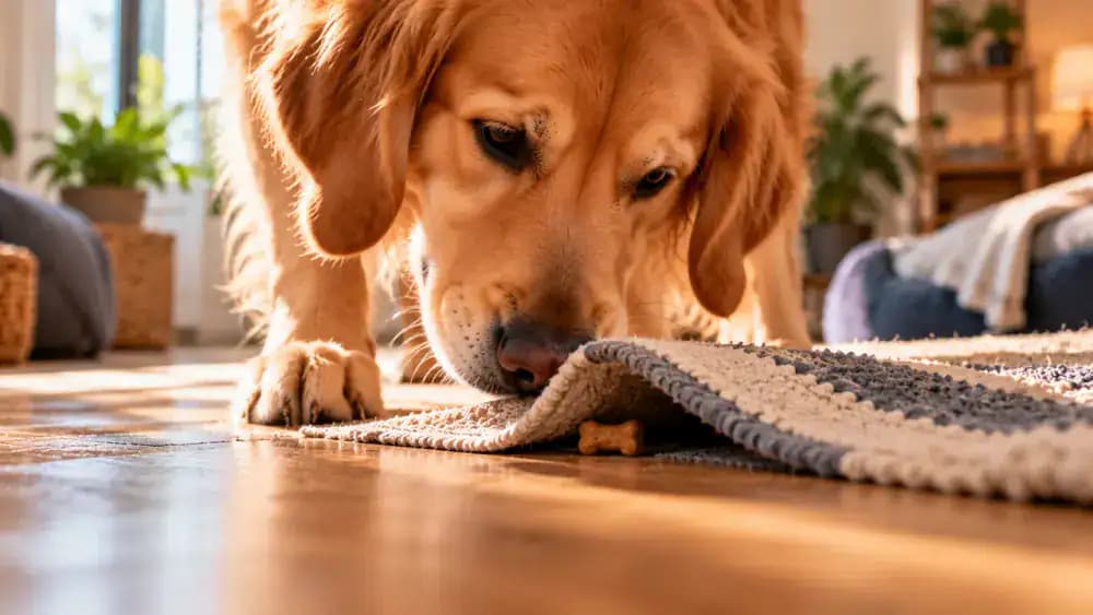 Close-up of a dog sniffing a flat towel and gently lifting its loose edge with its nose to uncover a hidden treat, with obstacle equipment positioned farther away.