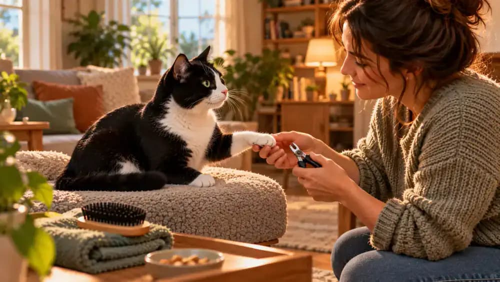 Calm black-and-white cat standing on a padded ottoman and voluntarily touching its right front paw to its owner's open palm while keeping its left paw tucked close.