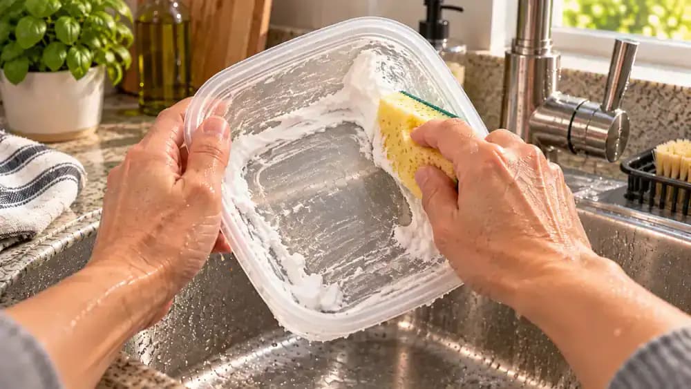 Close-up of hands holding a transparent plastic food container over a kitchen sink while a soft yellow sponge gently removes white baking soda paste from its orange-stained interior, with a detached lid and silicone gasket nearby.