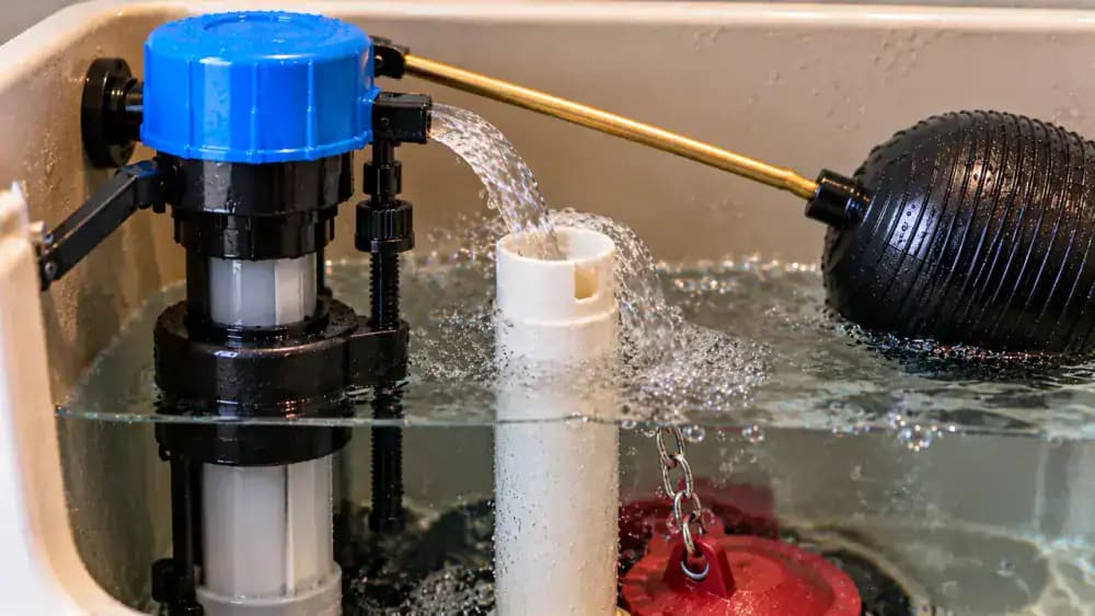 Close-up inside an open white toilet tank showing a raised cylindrical float while water continues flowing from the fill valve outlet, creating ripples and spilling into the vertical overflow tube.